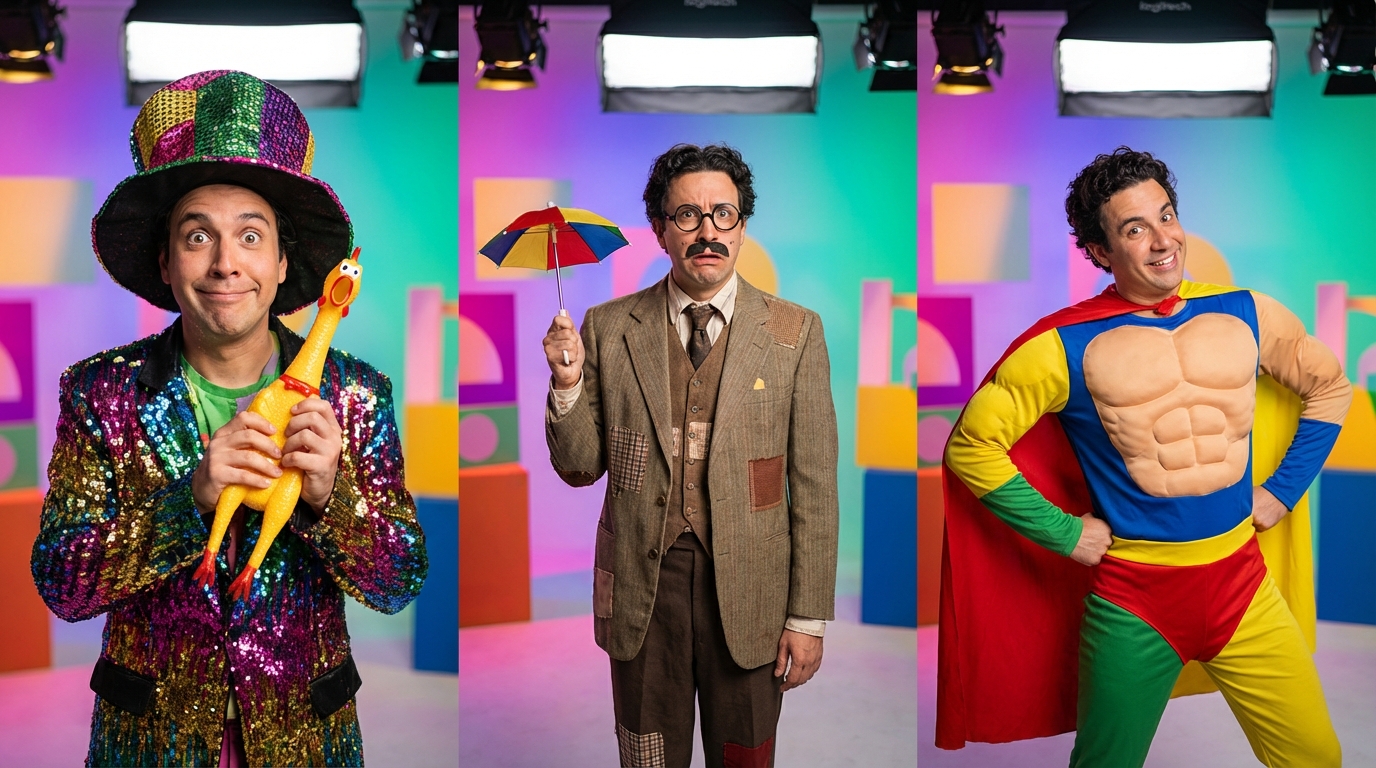 Content creator performing as multiple distinct comedic characters