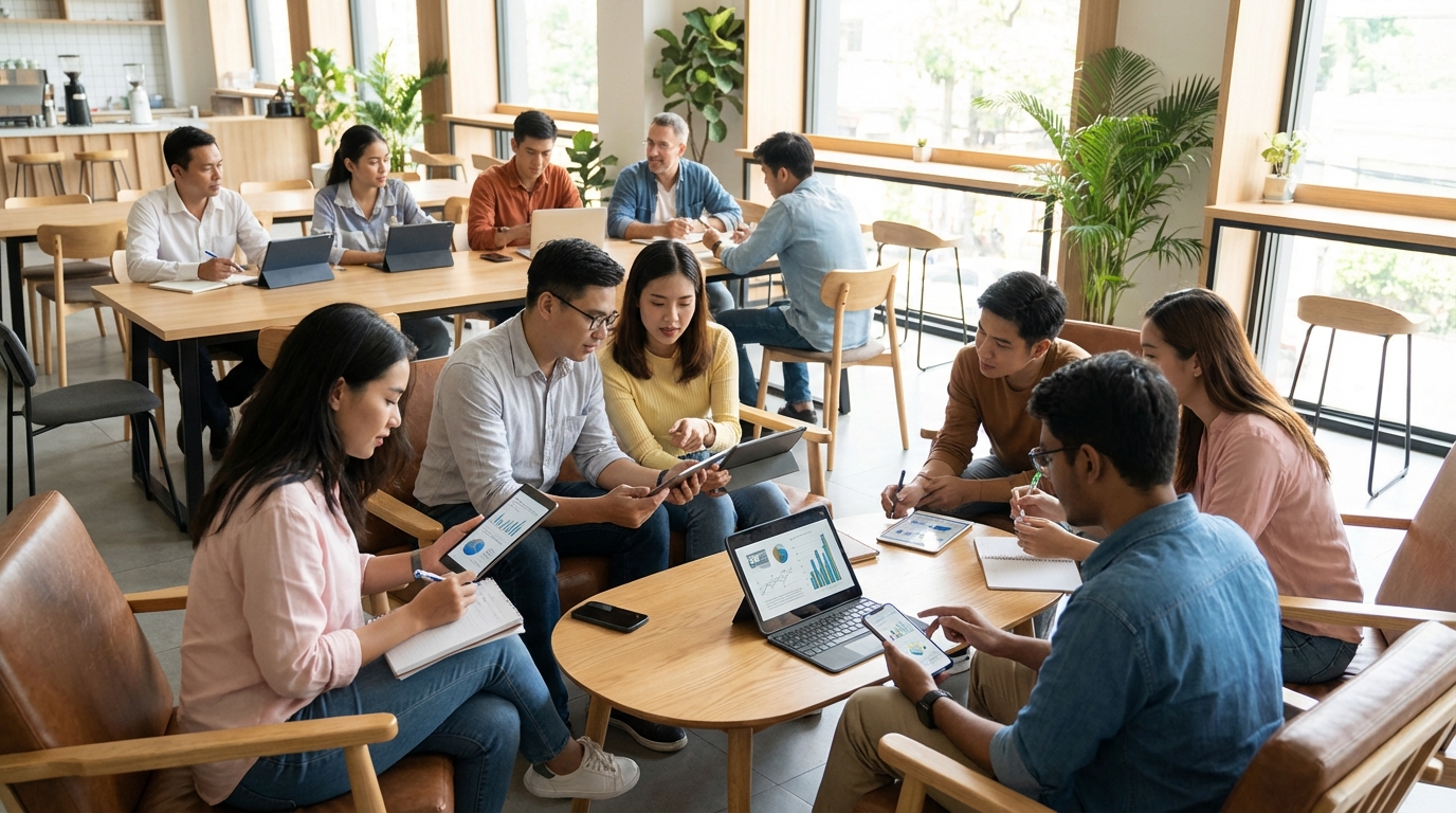 People consuming educational content on various devices