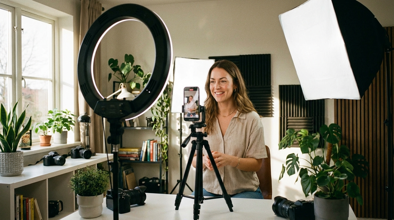 홈 스튜디오에서 숏폼 비디오 콘텐츠를 촬영하는 크리에이터