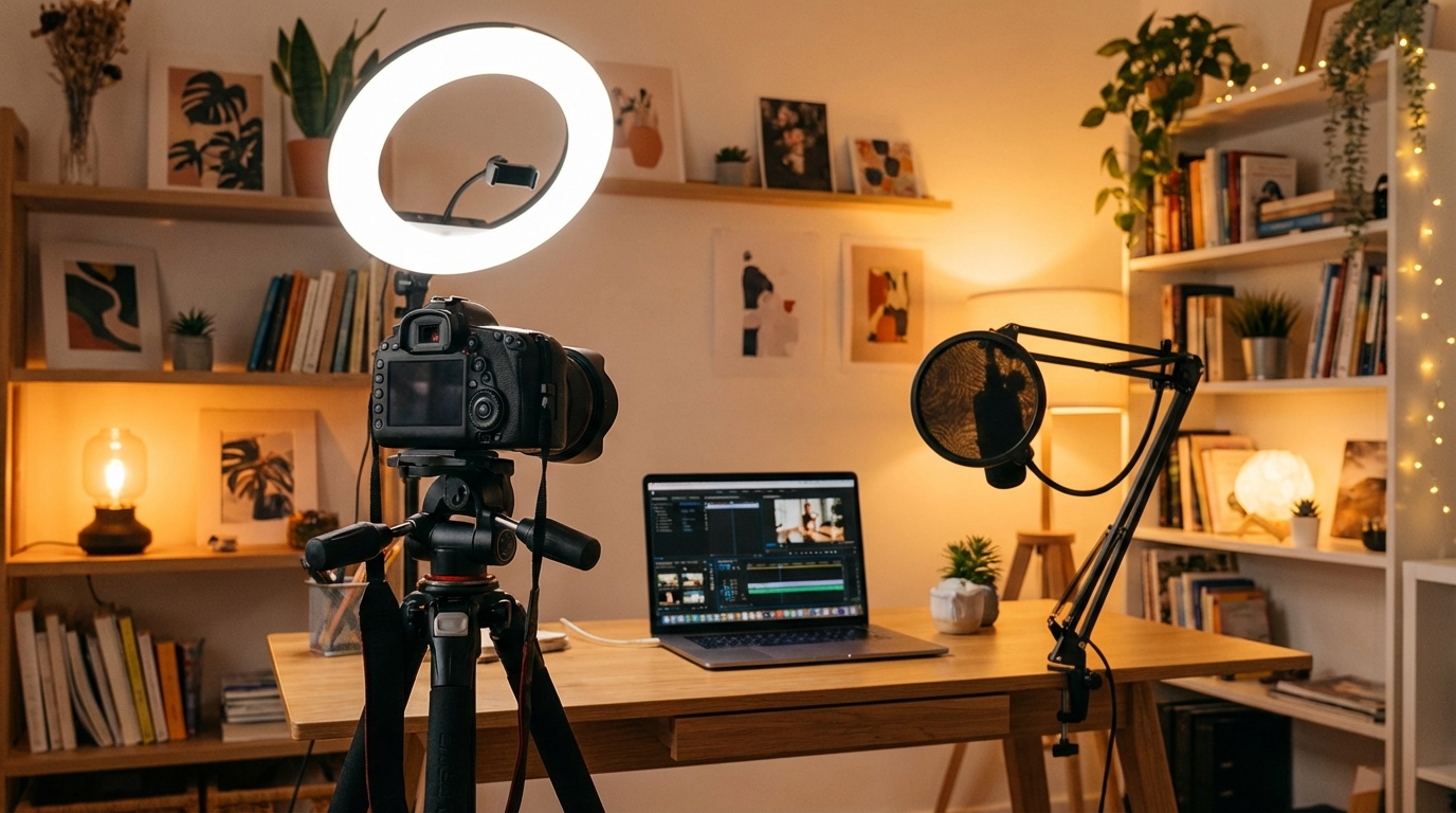 Professional YouTube content creator workspace setup