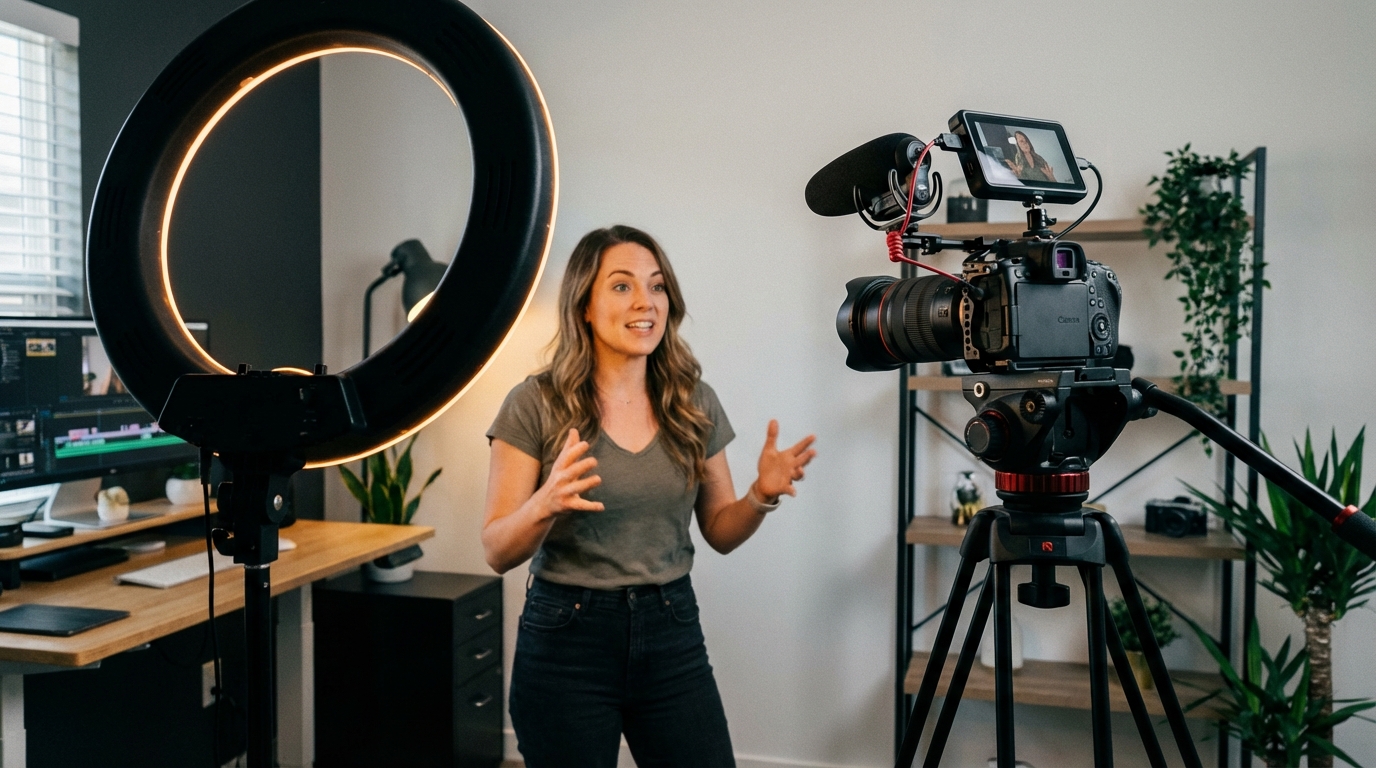 홈 스튜디오에서 유튜브 영상을 녹화하는 콘텐츠 크리에이터