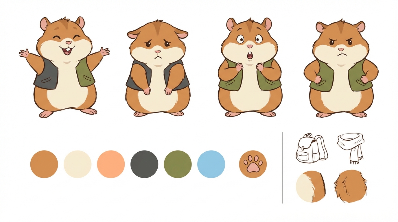 Character visual identity design sheet with expressions