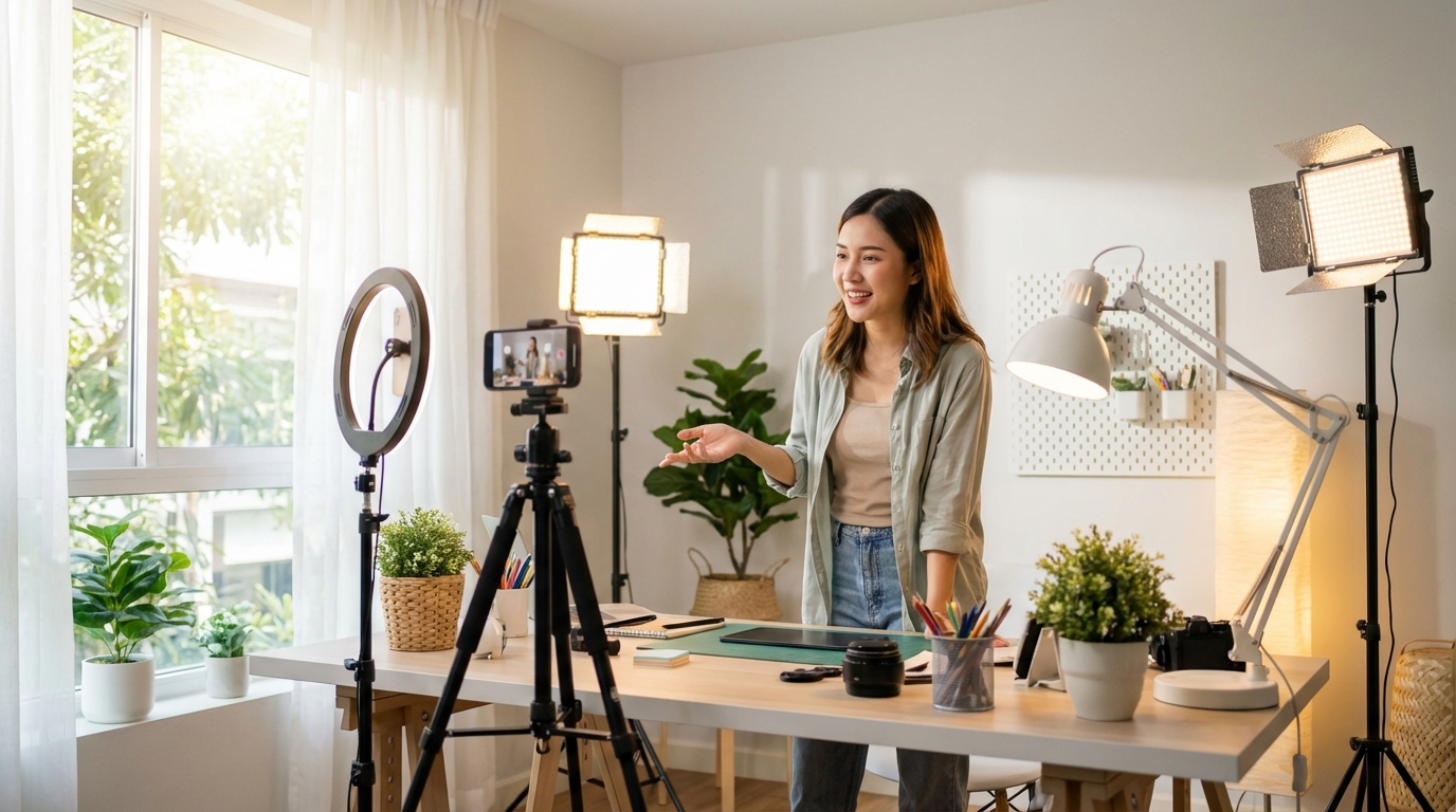 Content creator filming short-form video content in home studio