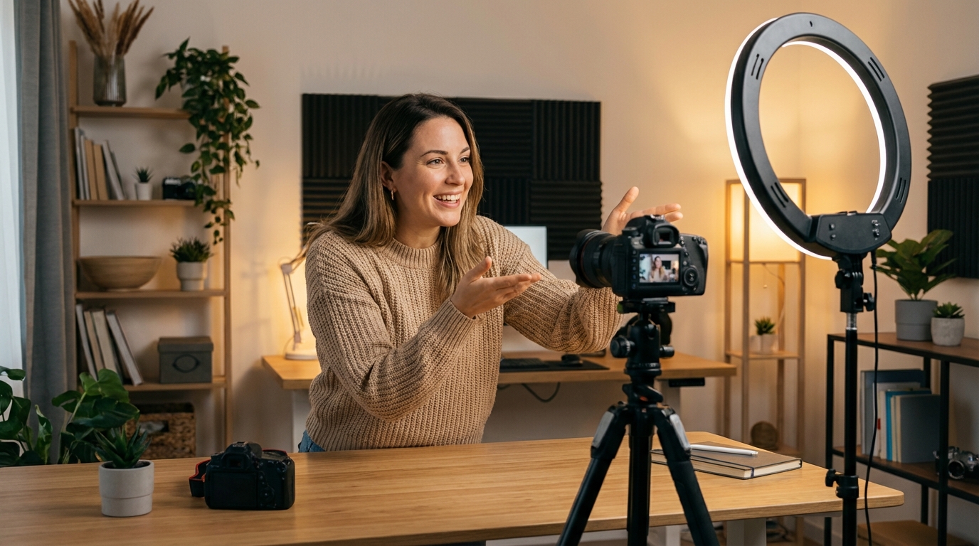 Content creator recording YouTube video in home studio