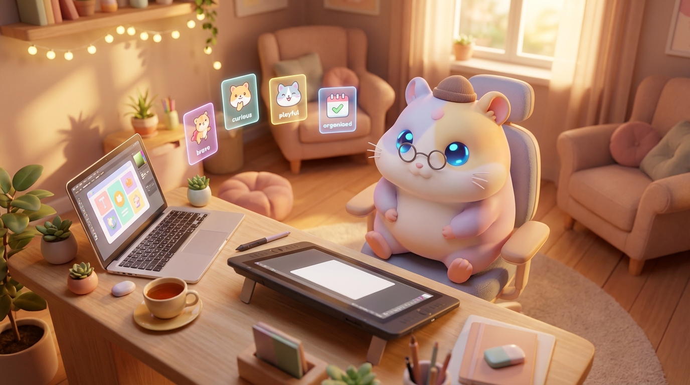 AI persona creation workspace with cute hamster character