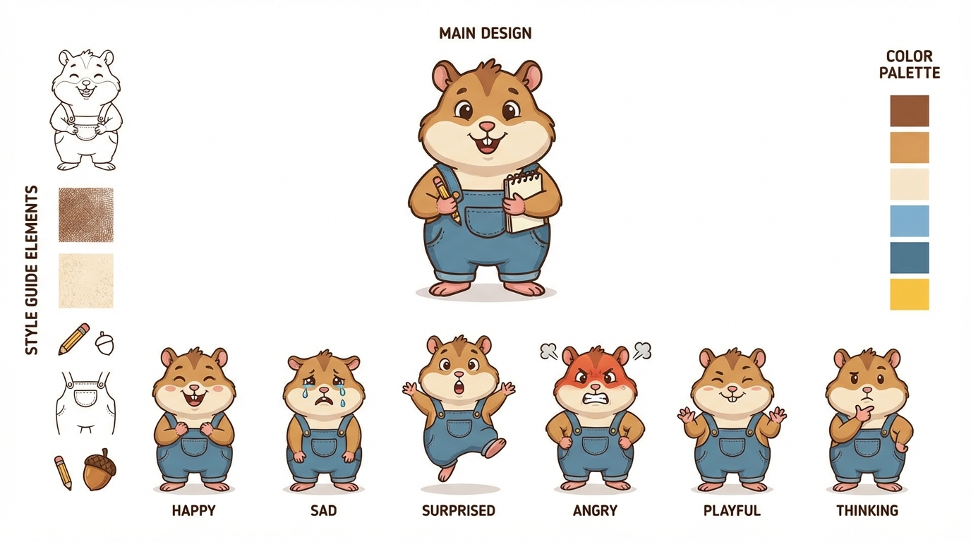 표정이 있는 캐릭터 시각적 아이덴티티 디자인 시트