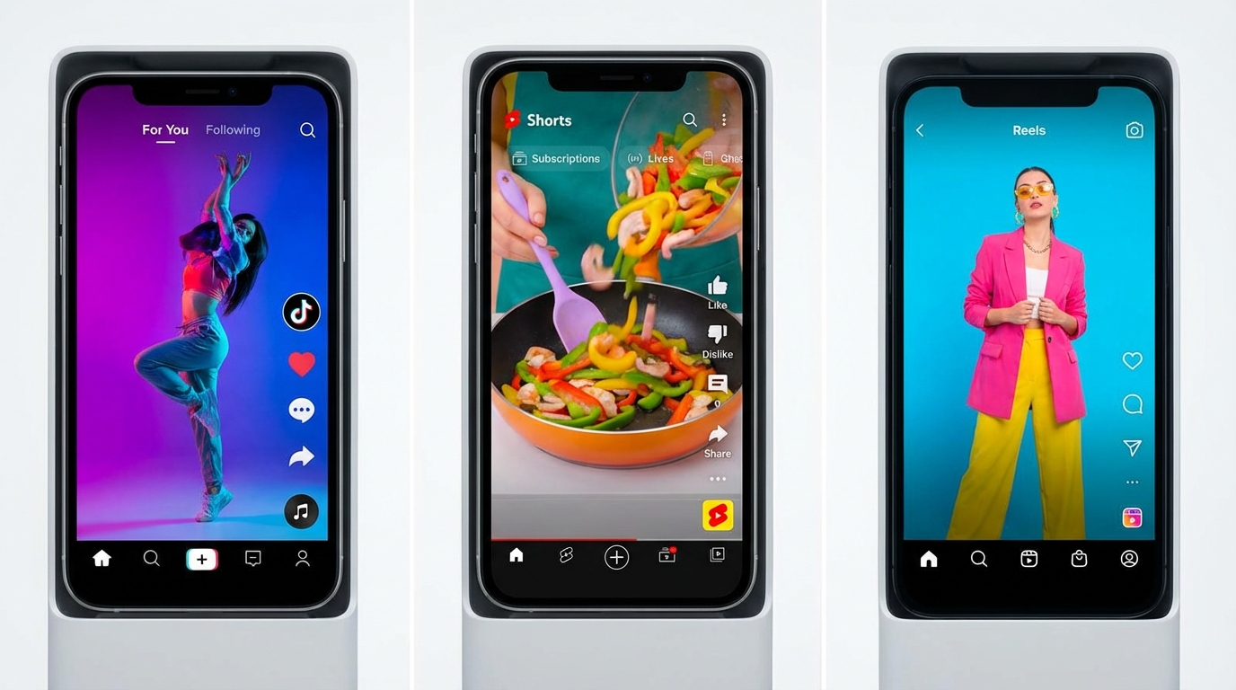 모바일 기기에서 틱톡, 유튜브 쇼츠, 인스타그램 릴스 플랫폼 비교