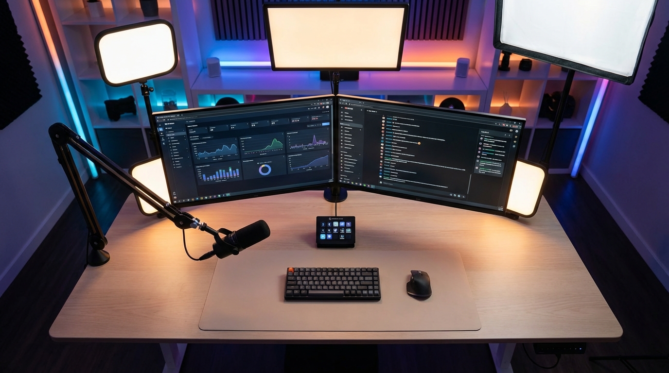 Professional live streaming setup with multiple revenue streams displayed