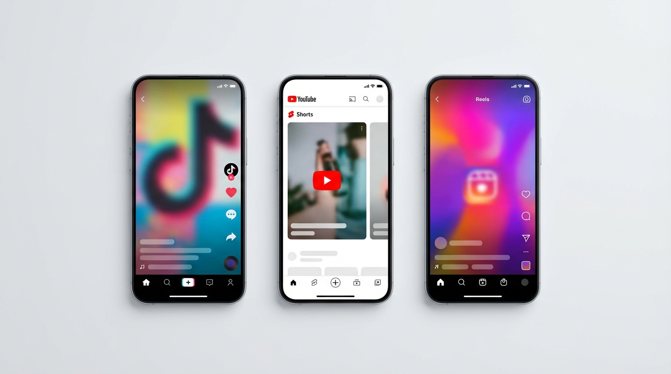 Comparison of TikTok, YouTube Shorts, and Instagram Reels platforms on mobile devices