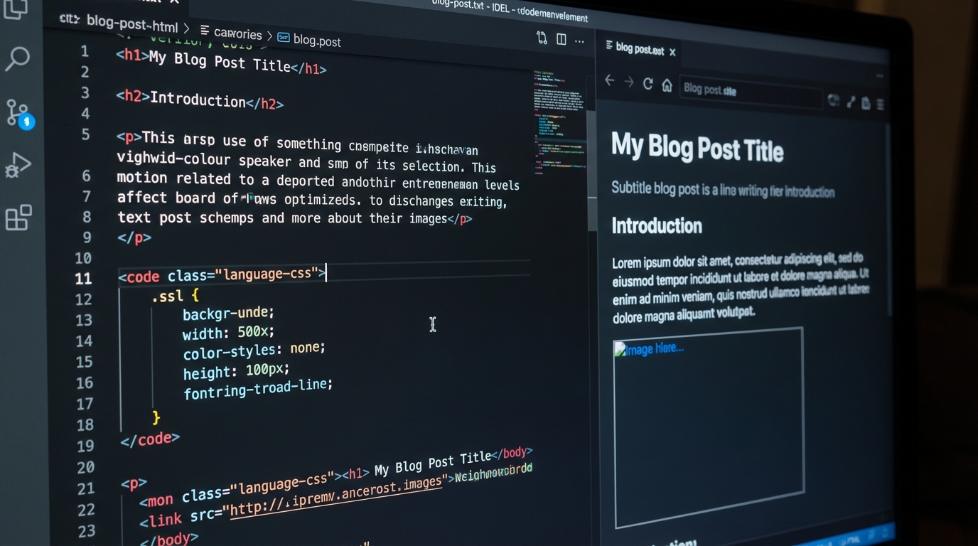 HTML blog post structure in code editor with live preview