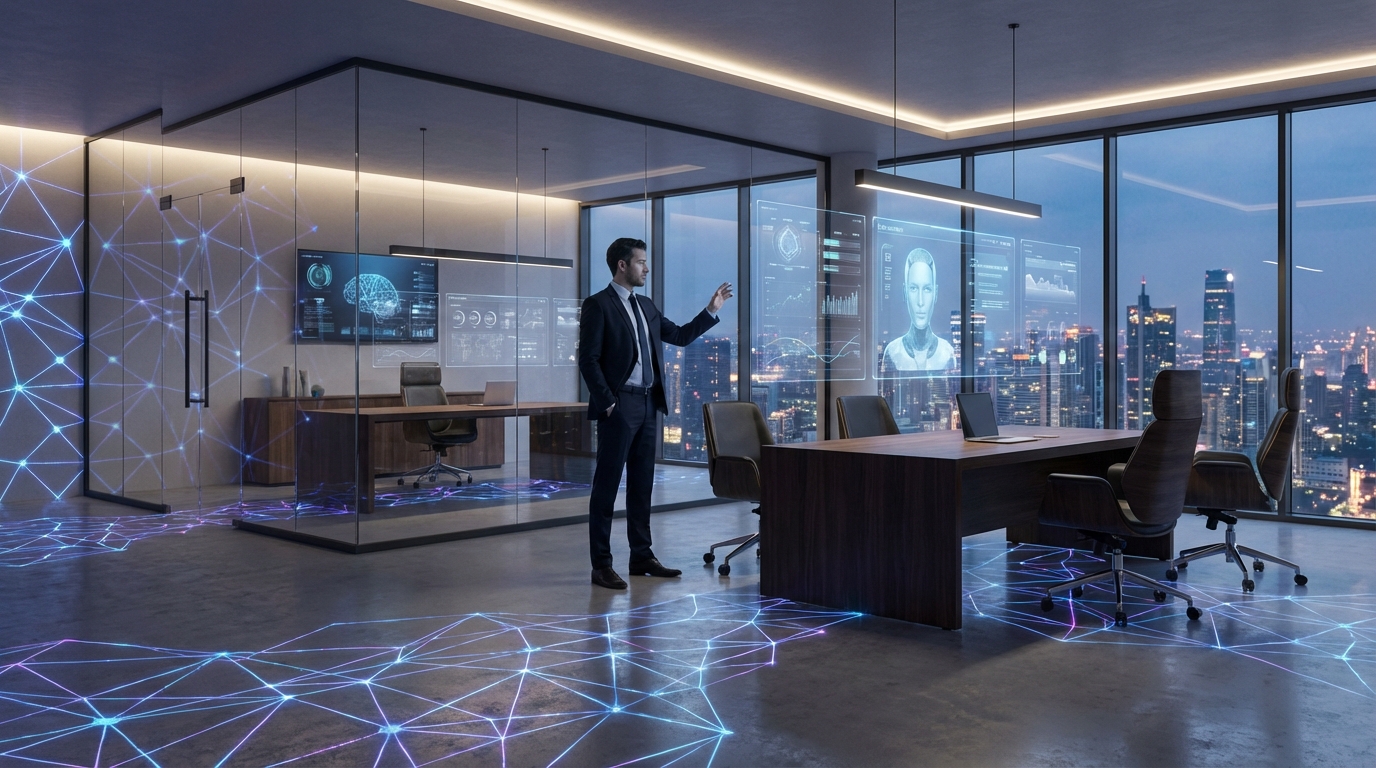 Futuristic AI agent workspace with holographic interfaces