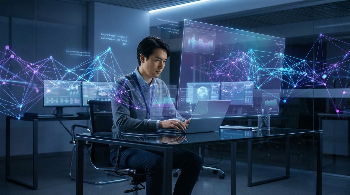 AI prompt engineering workspace with holographic interface